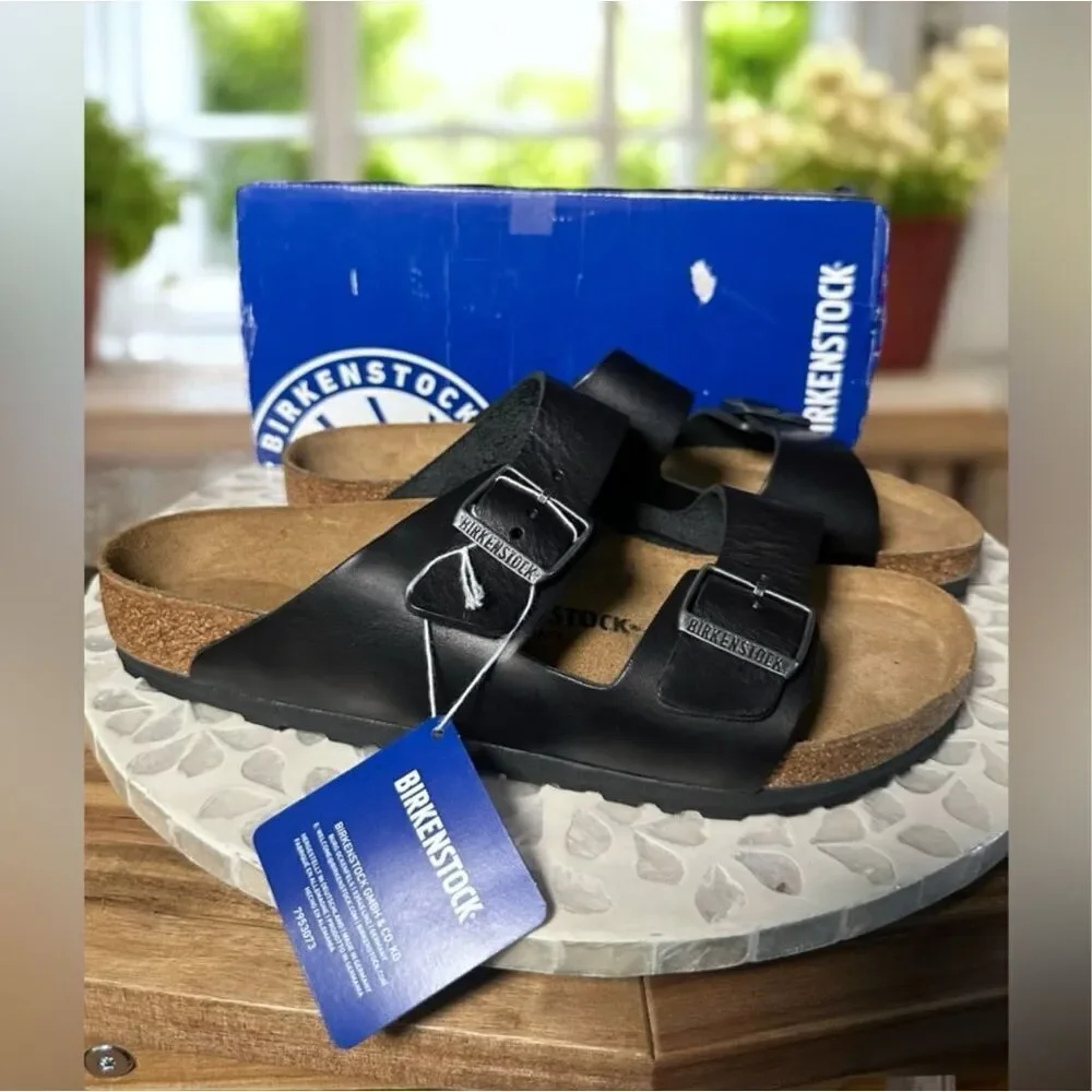Birkenstock Arizona Grip Premium Leather Sandals Black Vintage Wood Unisex 43 EU
